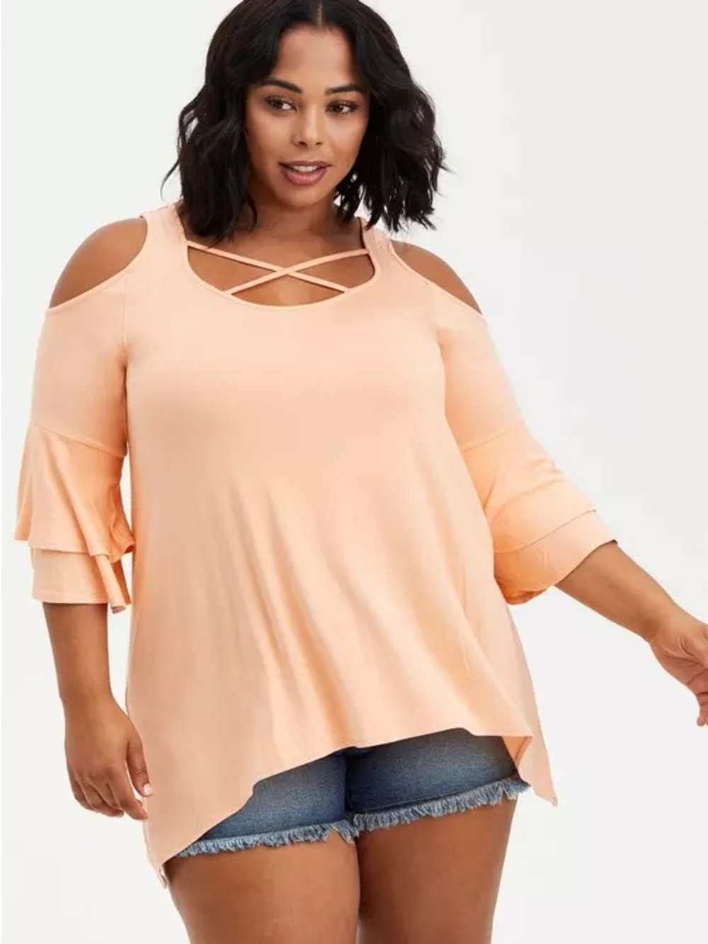 Torrid Super Soft Scoop Neck Strappy Cold Shoulder Sharkbite Hem Top SZ 3X Peach